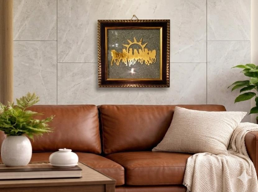 7 Running Horse Pyrite Frame – Wealth & Success Vastu Wall Decor