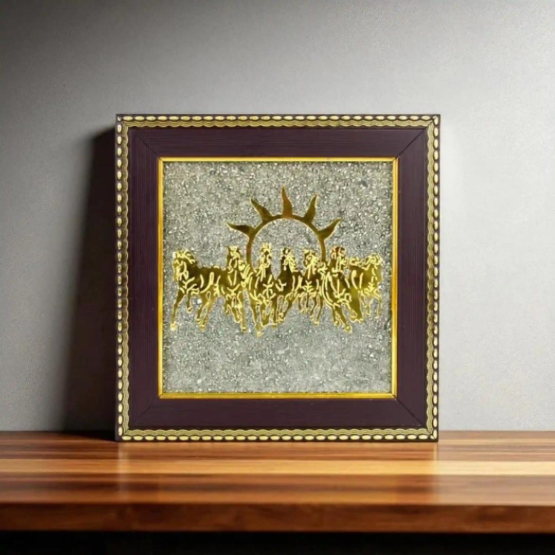 7 Running Horse Pyrite Frame – Wealth & Success Vastu Wall Decor